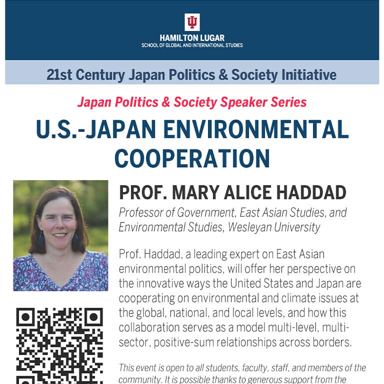 A public lecture by Prof. Mary Alice Haddad (Wesleyan University) on the U.S. and Japan's innovative environmental cooperation at the global, national, and local levels.